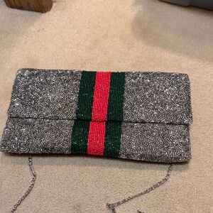 Moyna Silver Beaded Clutch with Red and Green Stripes